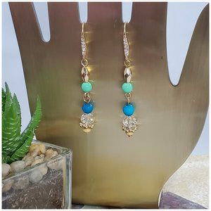 Blue Beads and More Linear Drop Hook Gold Earrings